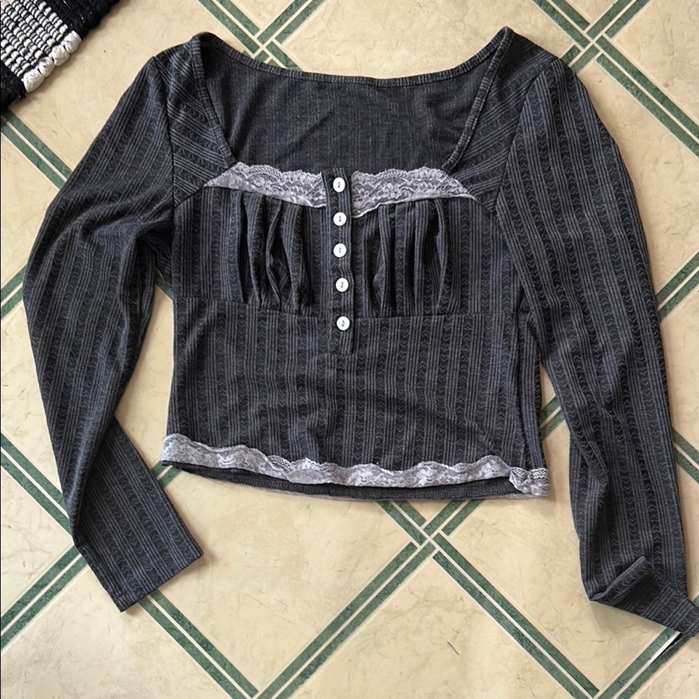 Black Ruched Long Sleeve Crop Blouse with lace trim and buttons